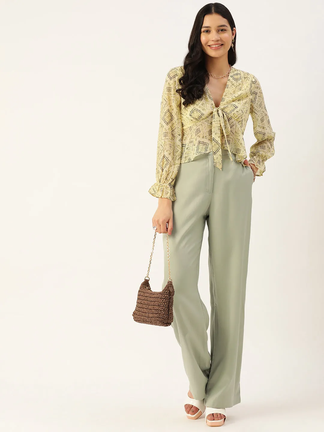 Geometric Print Tie-Up Neck Georgette Top