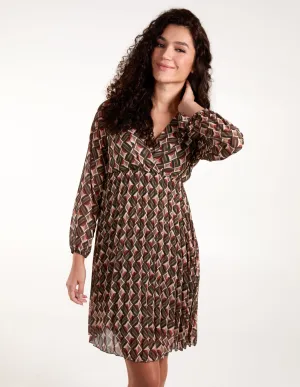 Geometric Print Wrap Front Pleated Dress