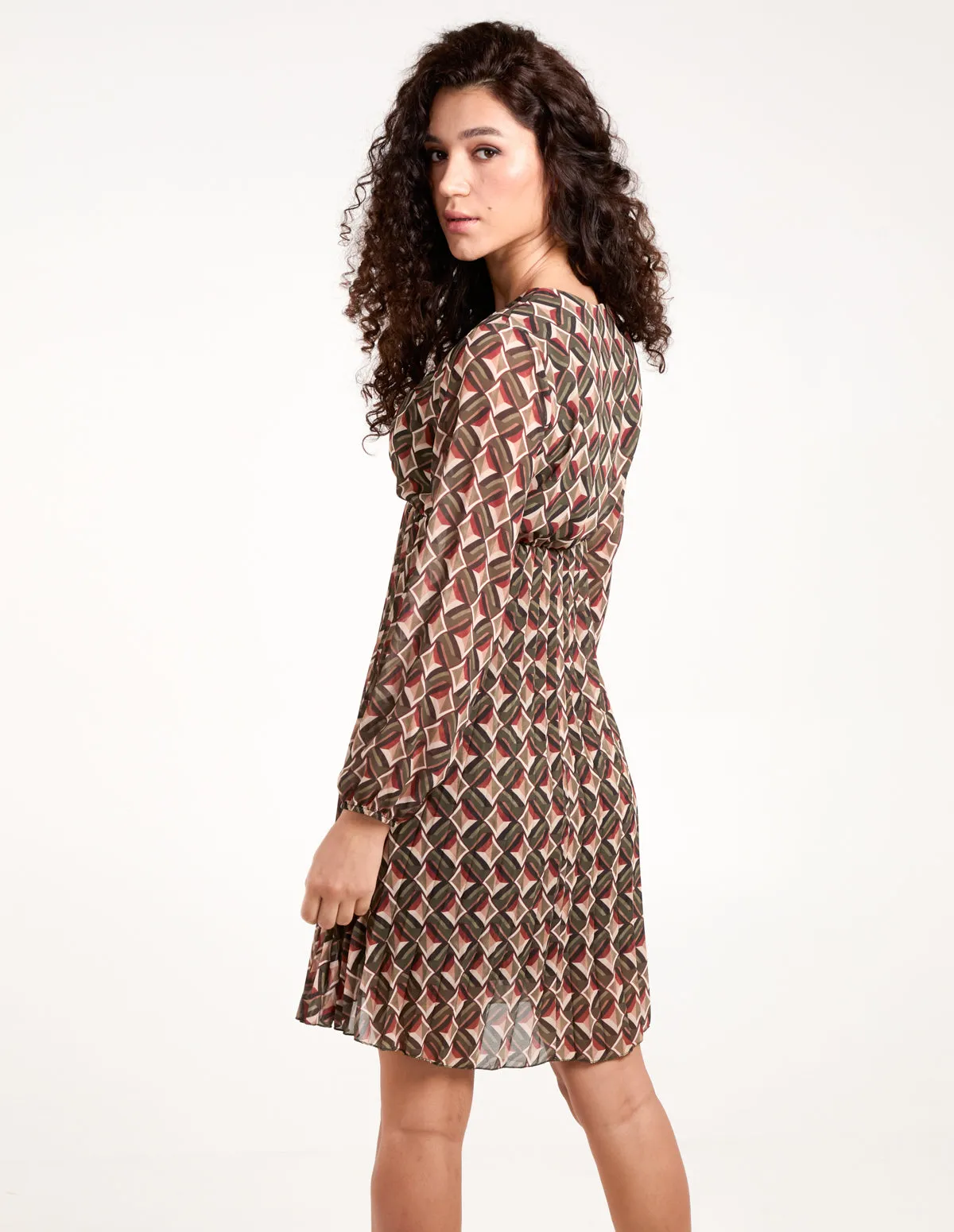Geometric Print Wrap Front Pleated Dress
