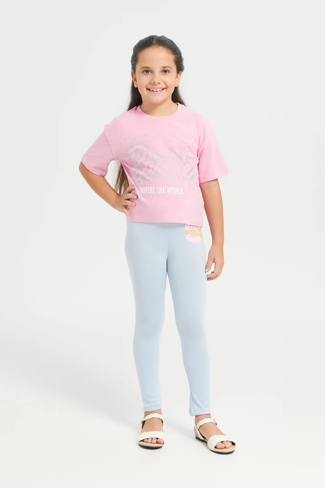 Girls Blue Placement  Print Leggings