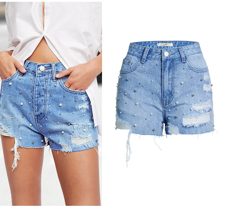 High Waist Pearl Beaded Denim Shorts