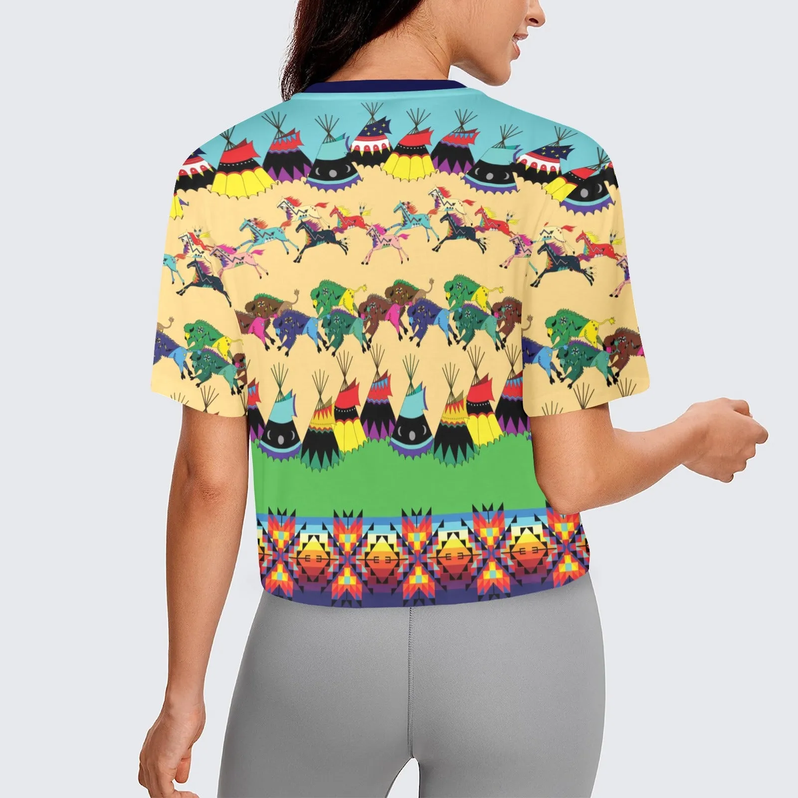 Horses and Buffalo Ledger Blue Women's Cropped T-shirt