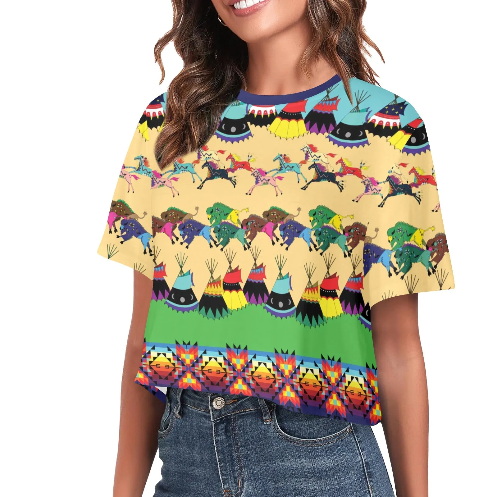 Horses and Buffalo Ledger Blue Women's Cropped T-shirt