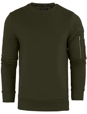 JacobB Crew Neck Sweatshirt with Zip Sleeve Pocket in Khaki