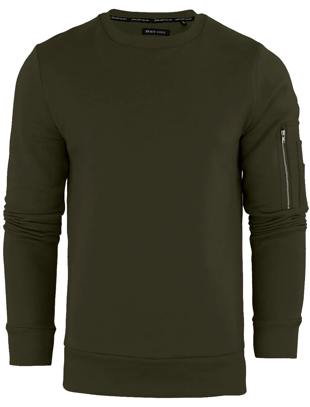 JacobB Crew Neck Sweatshirt with Zip Sleeve Pocket in Khaki