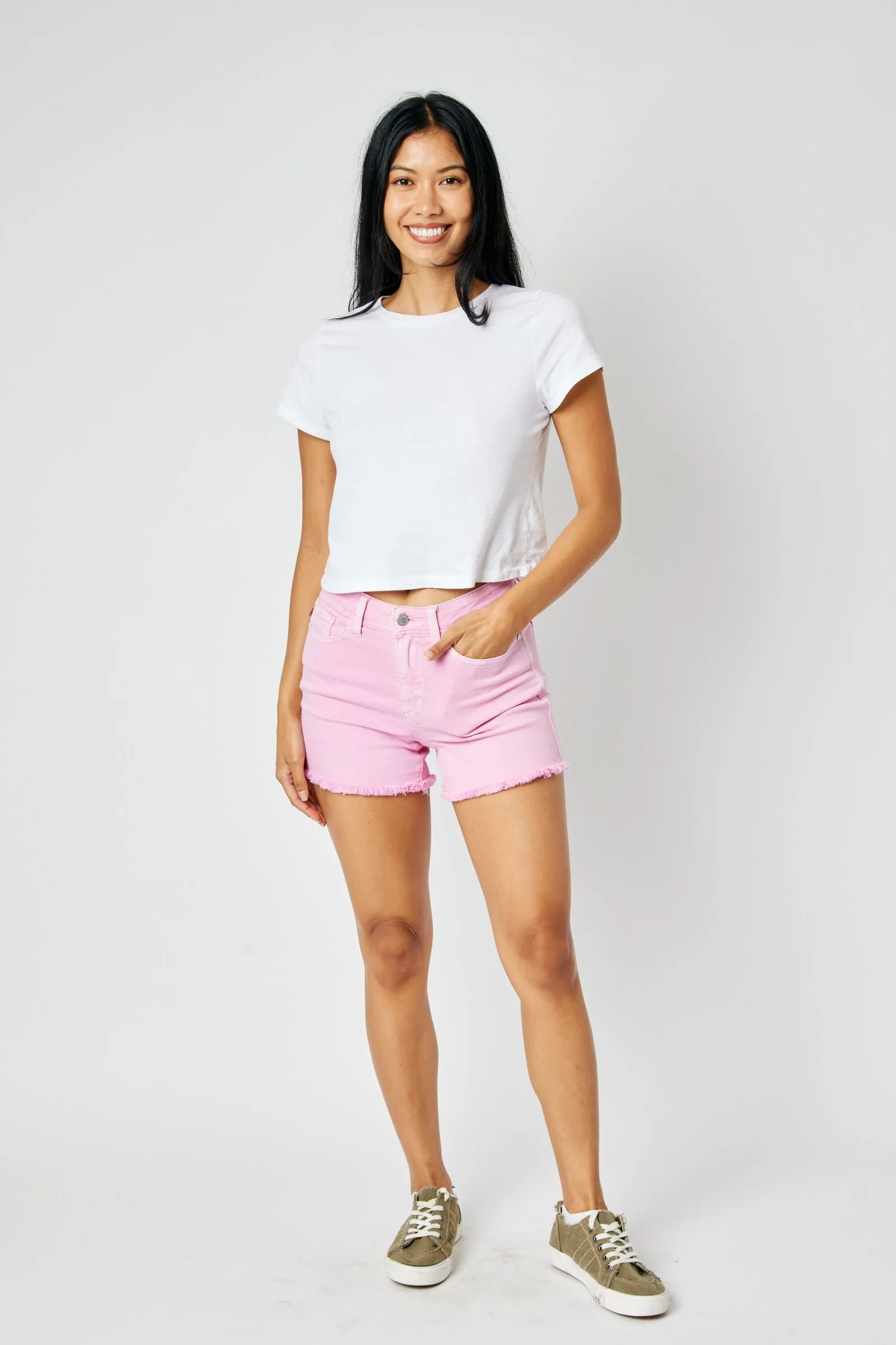 Judy Blue mid-rise garment dyed fray hem shorts