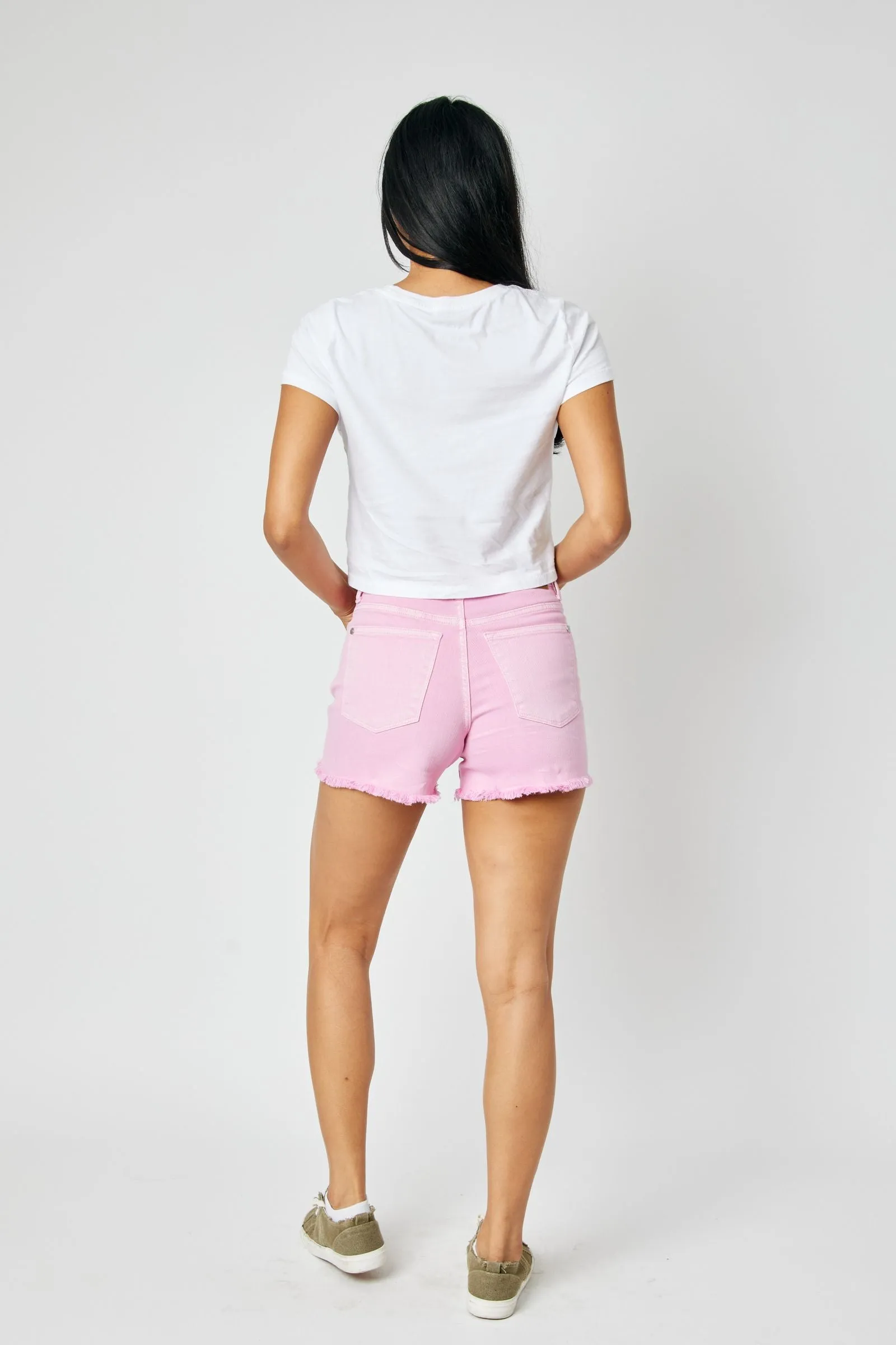 Judy Blue mid-rise garment dyed fray hem shorts