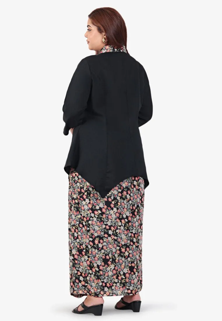 Kaneeza Raya Printed Hemming Kebaya Set - Black