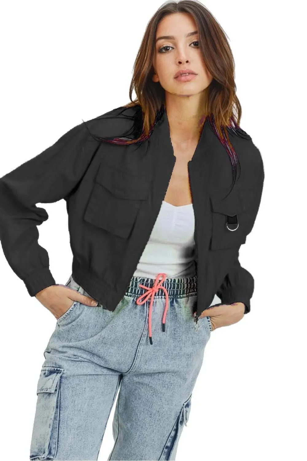 Khanomak Women's Juniors Casual Flap Patch Windbreaker Jacket
