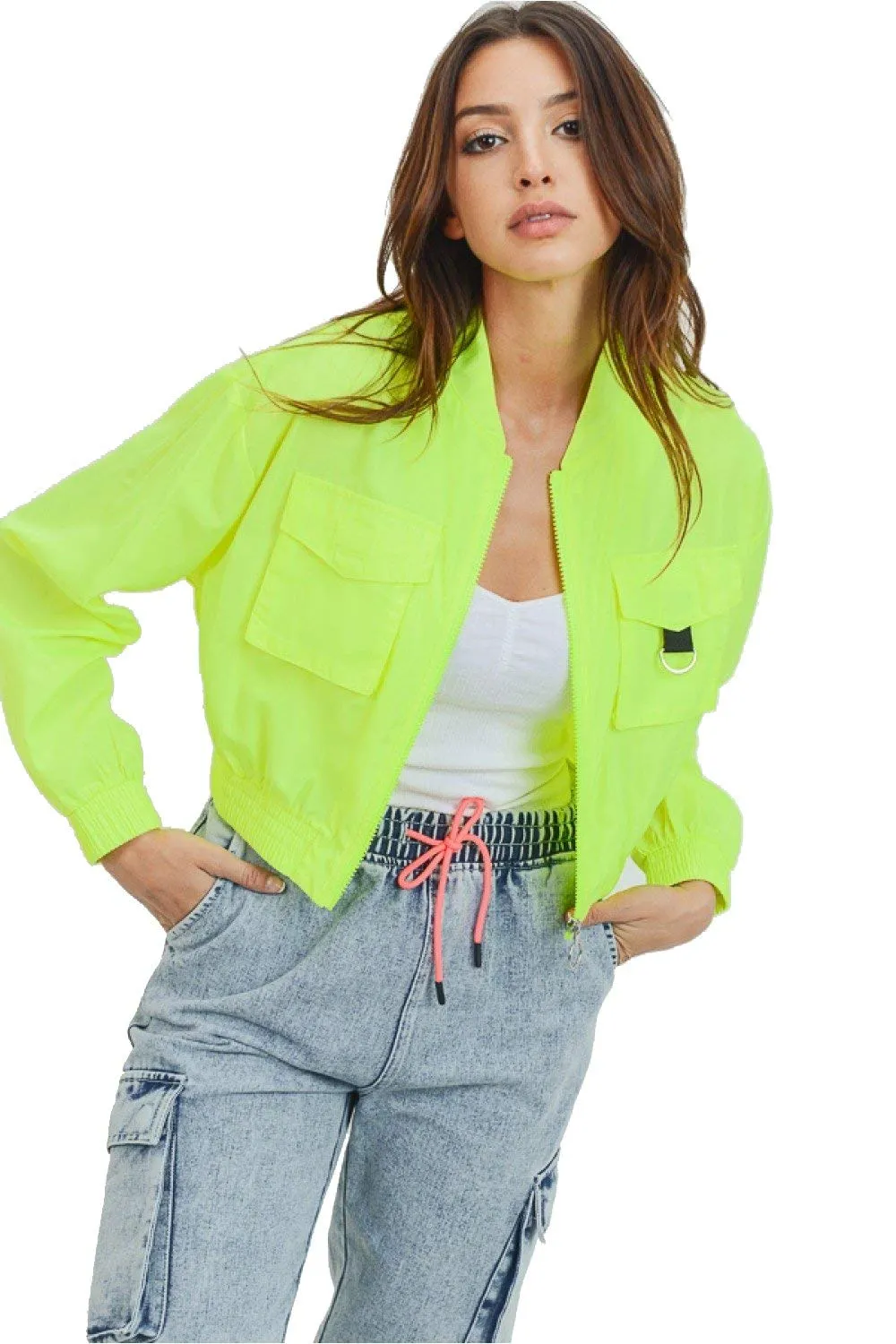 Khanomak Women's Juniors Casual Flap Patch Windbreaker Jacket