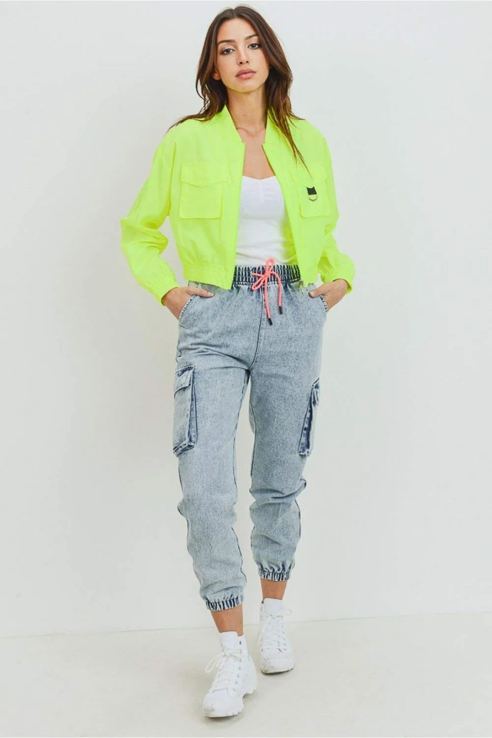 Khanomak Women's Juniors Casual Flap Patch Windbreaker Jacket