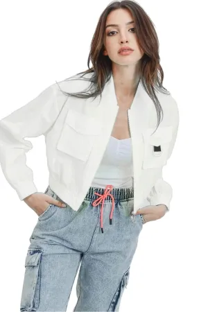 Khanomak Women's Juniors Casual Flap Patch Windbreaker Jacket