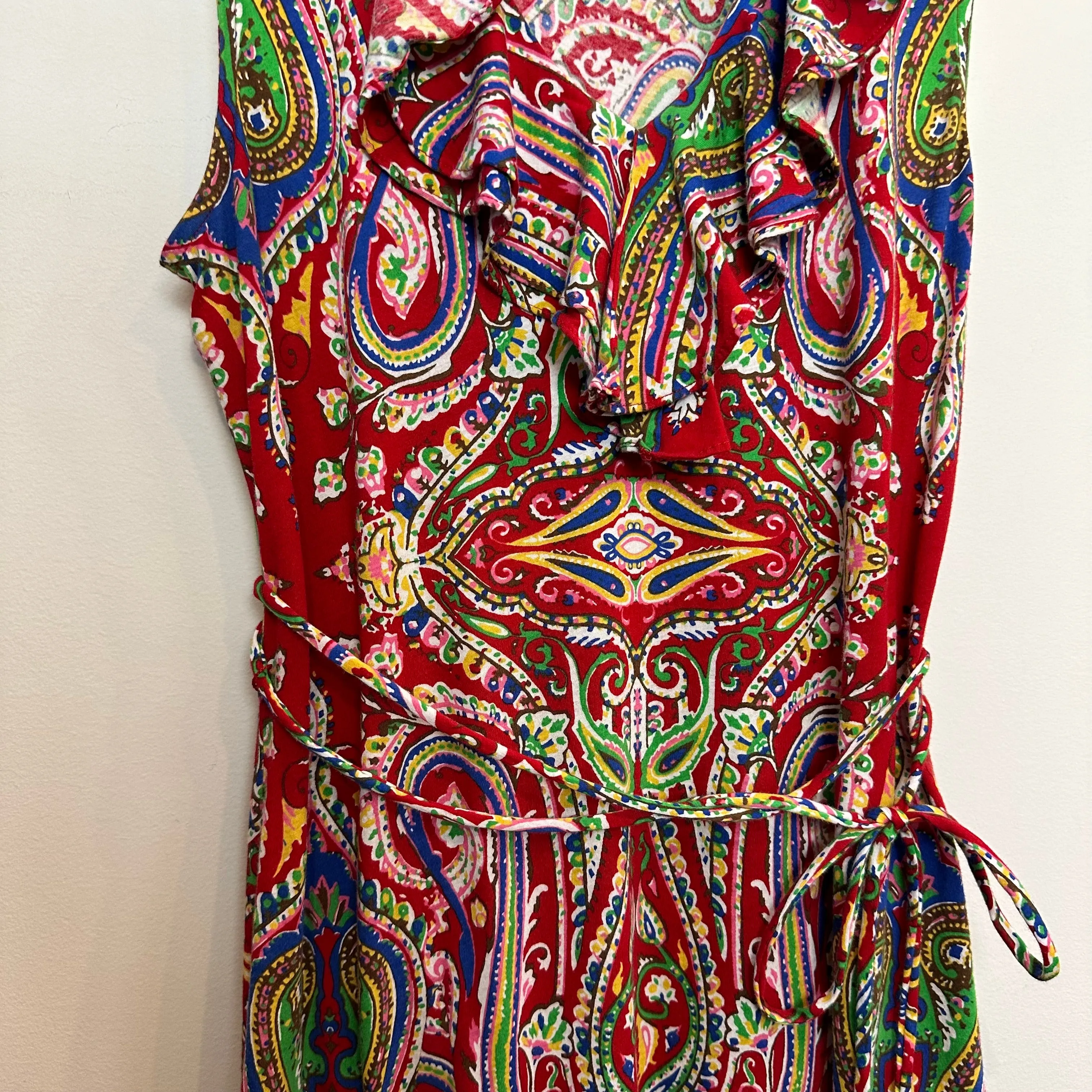 Lauren Ralph Lauren Paisley Dress Sleeveless Ruffle Cotton Red Multi Medium
