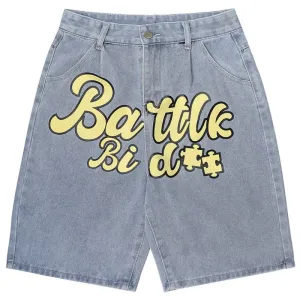 Lemandik Distressed Denim Shorts Letter Puzzle
