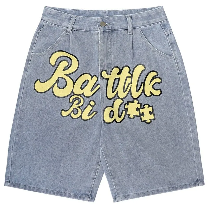 Lemandik Distressed Denim Shorts Letter Puzzle