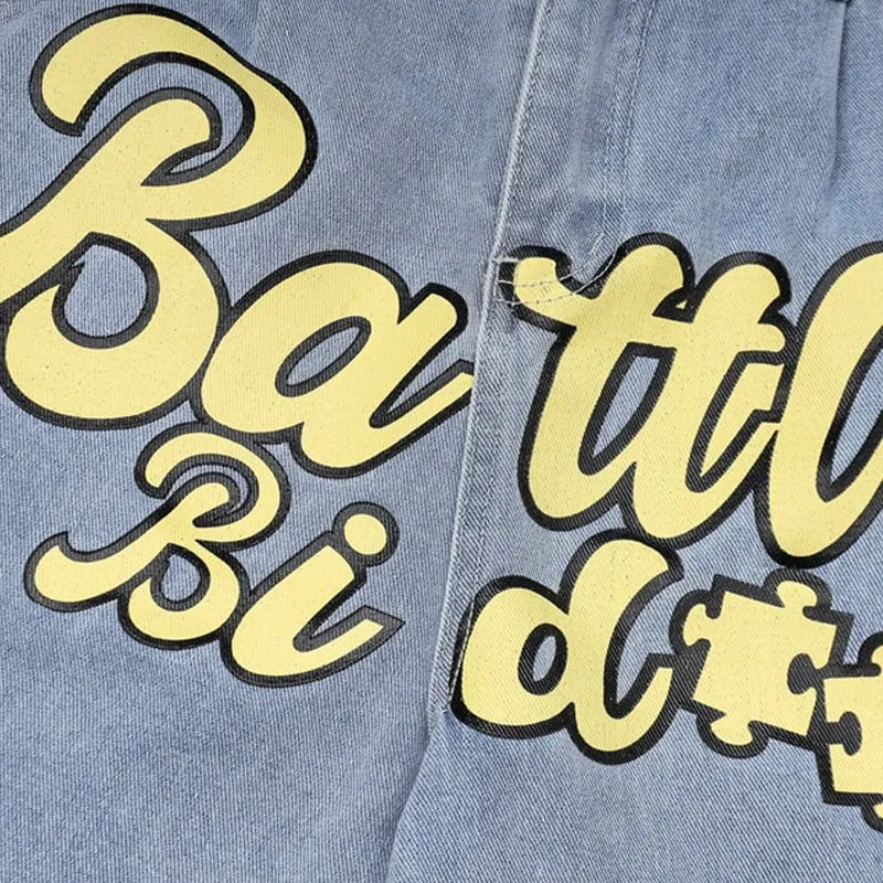 Lemandik Distressed Denim Shorts Letter Puzzle