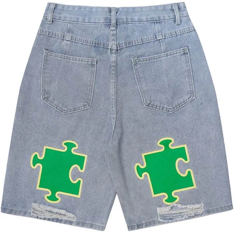 Lemandik Distressed Denim Shorts Letter Puzzle