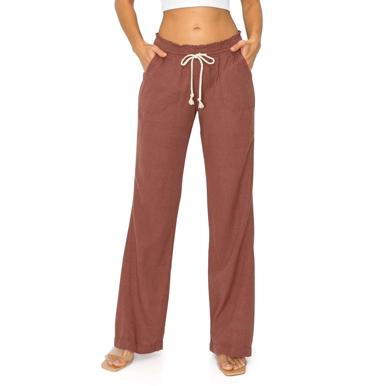 Linen Pants 32" Inseam Drawstring Smocked Waist Beach Pants - Brown