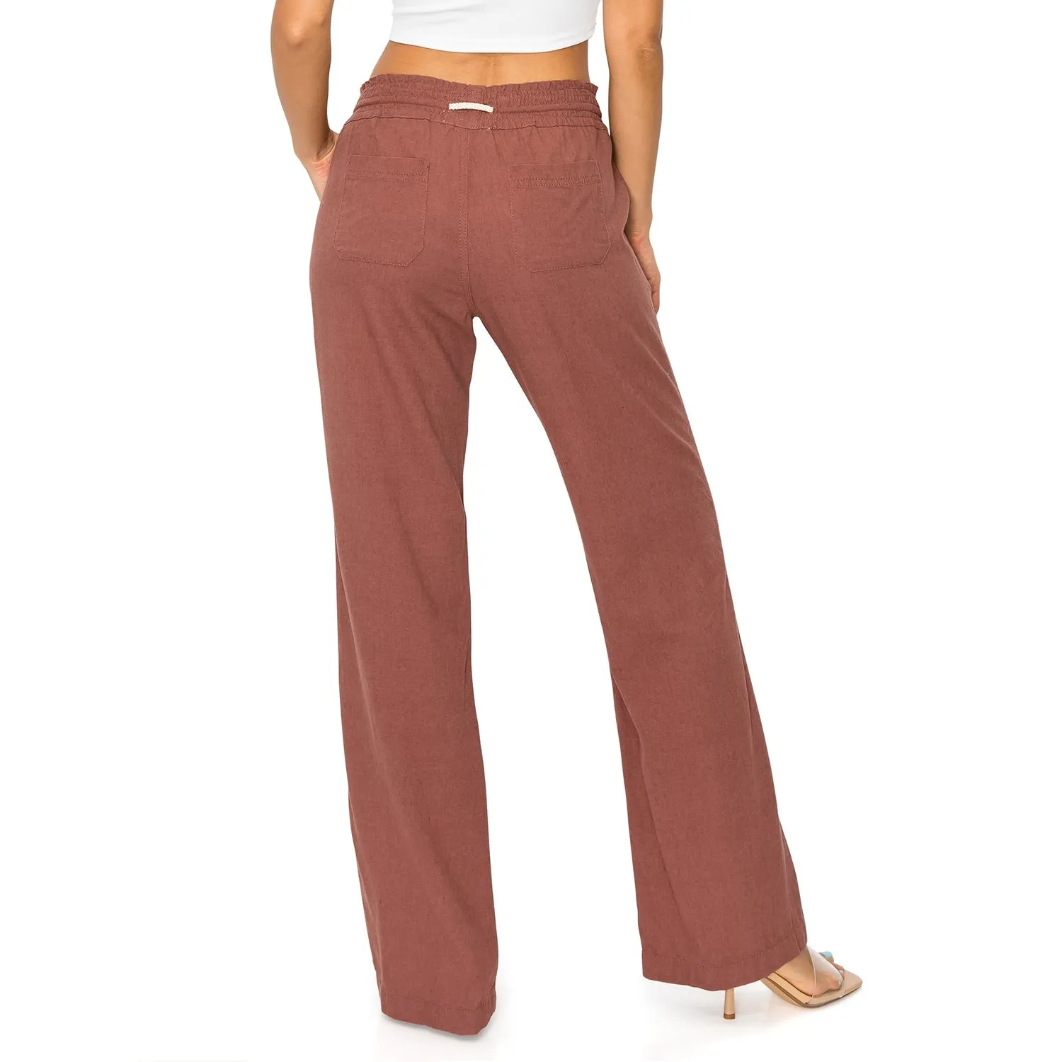 Linen Pants 32" Inseam Drawstring Smocked Waist Beach Pants - Brown