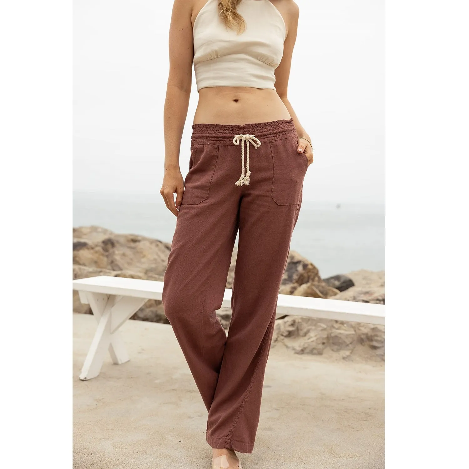 Linen Pants 32" Inseam Drawstring Smocked Waist Beach Pants - Brown