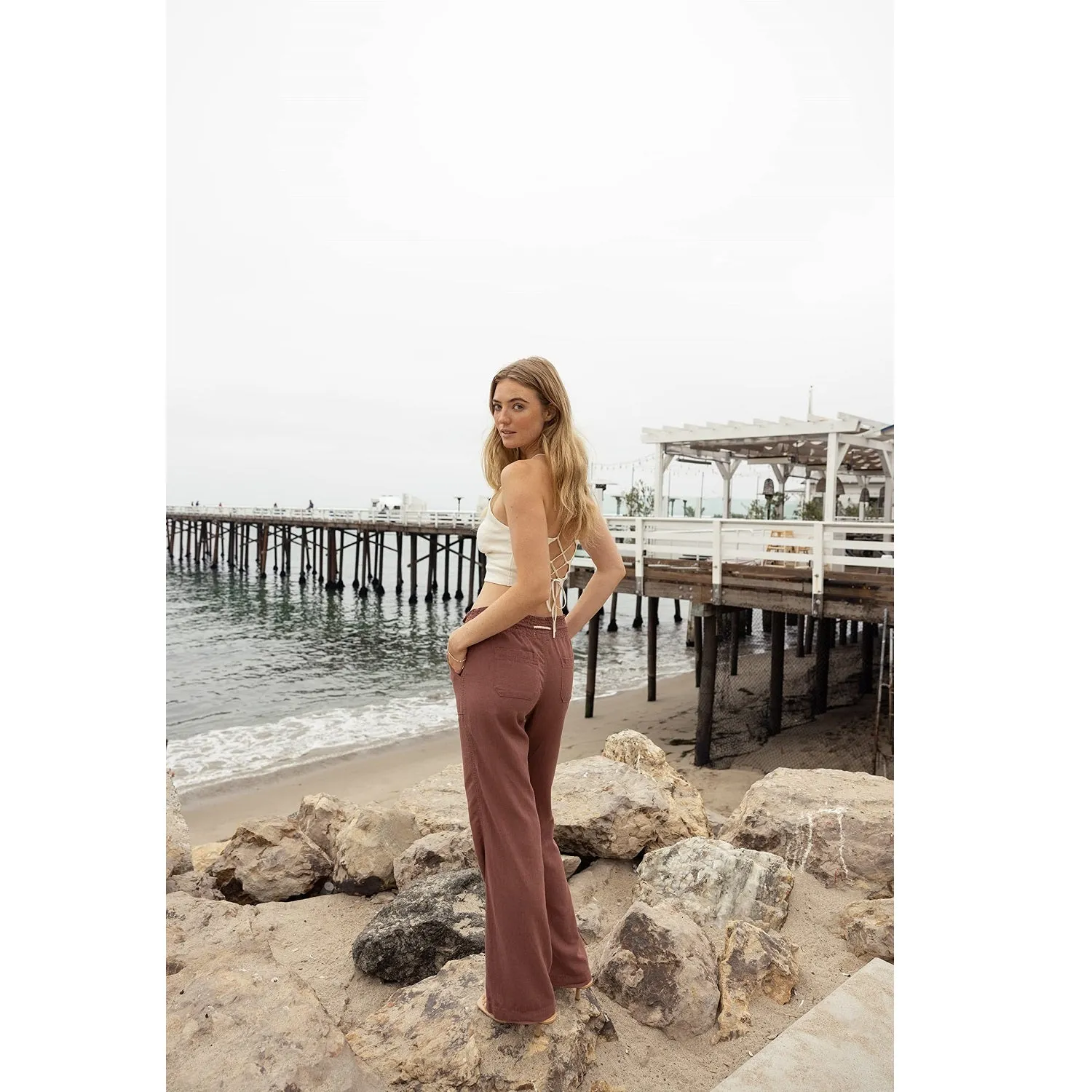 Linen Pants 32" Inseam Drawstring Smocked Waist Beach Pants - Brown