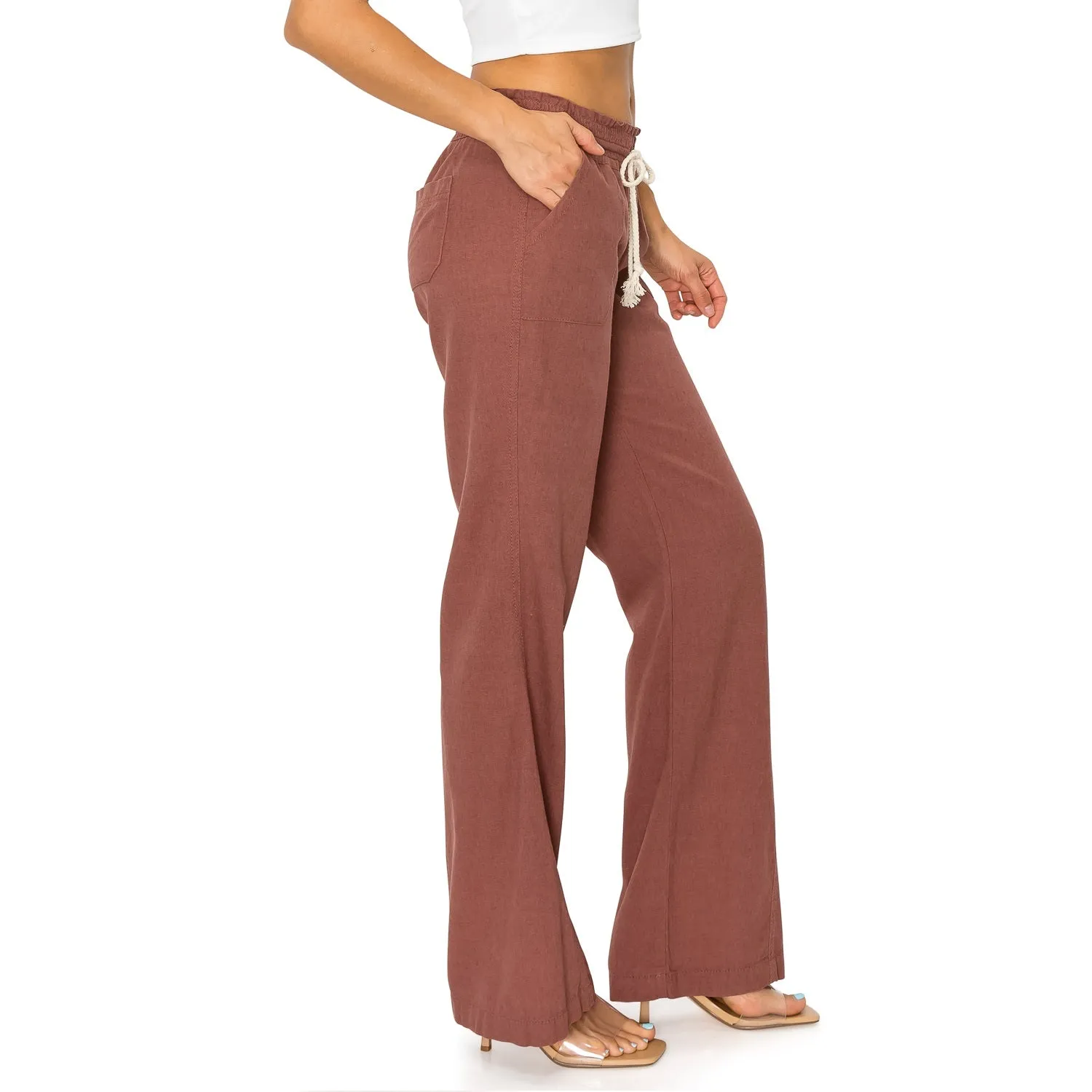 Linen Pants 32" Inseam Drawstring Smocked Waist Beach Pants - Brown