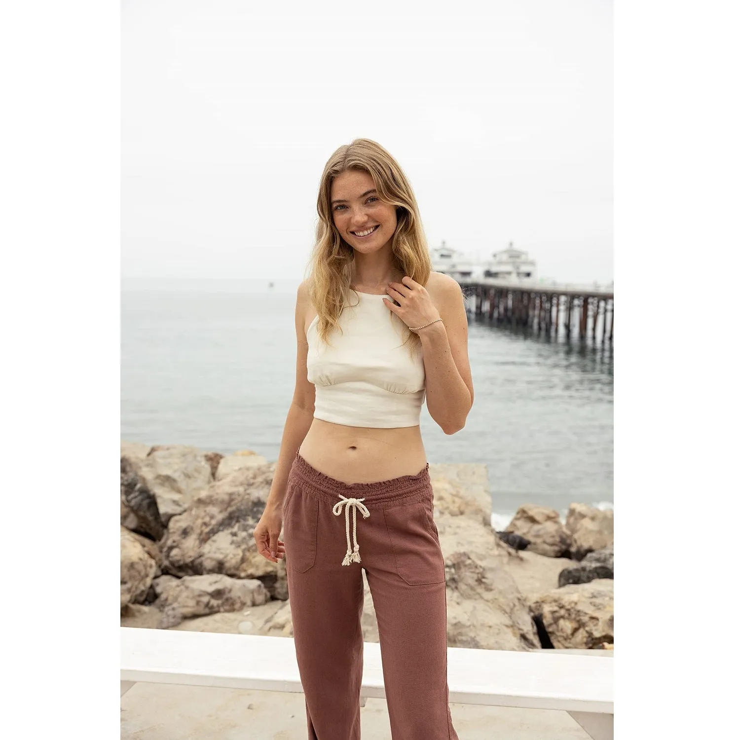 Linen Pants 32" Inseam Drawstring Smocked Waist Beach Pants - Brown