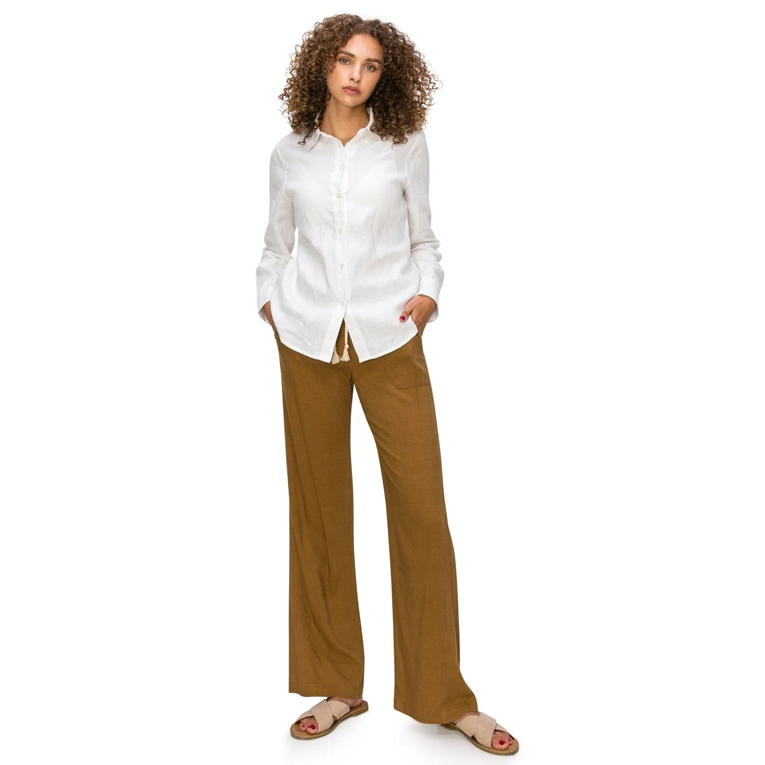 Linen Pants 32" Inseam Drawstring Smocked Waist Beach Pants - Mushroom