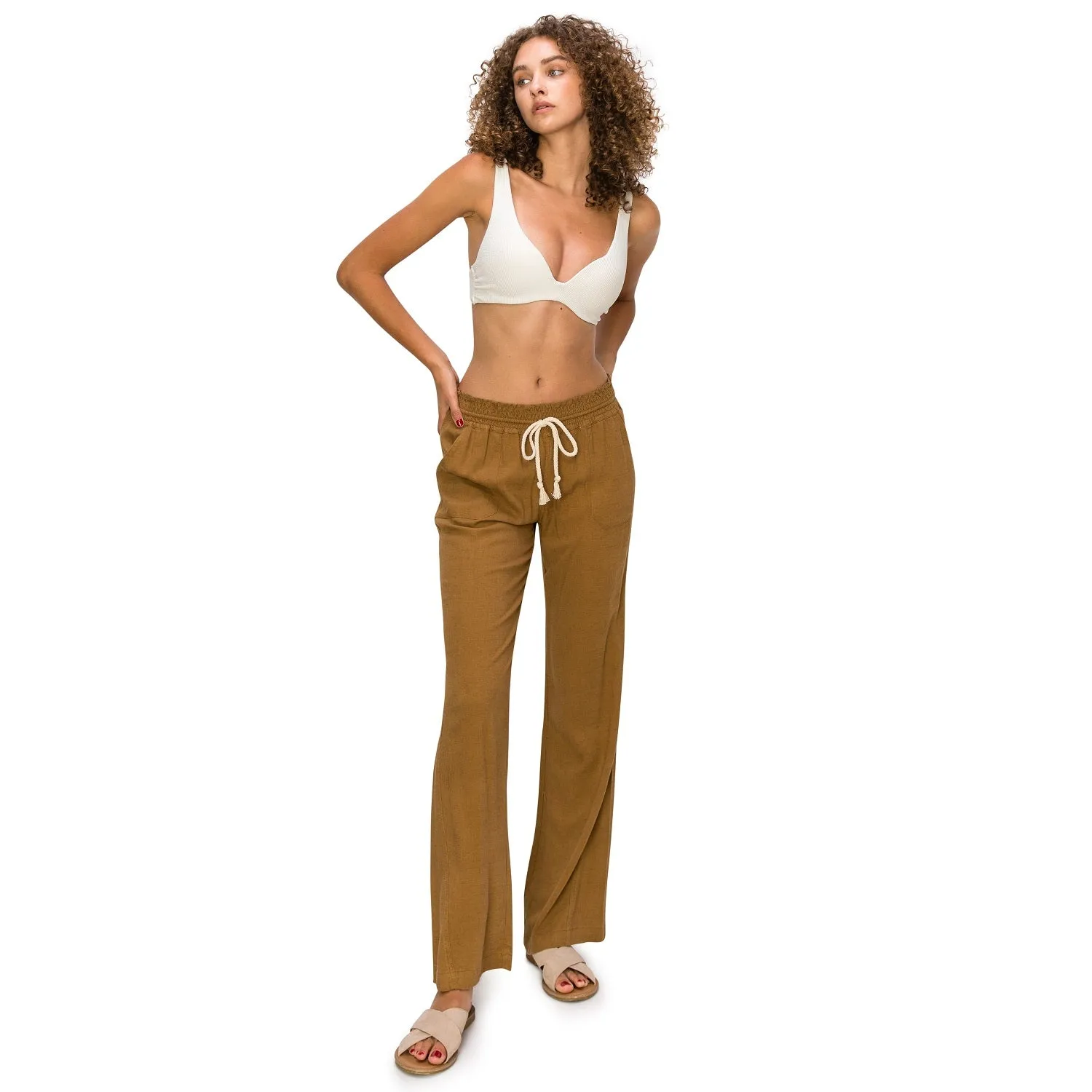 Linen Pants 32" Inseam Drawstring Smocked Waist Beach Pants - Mushroom