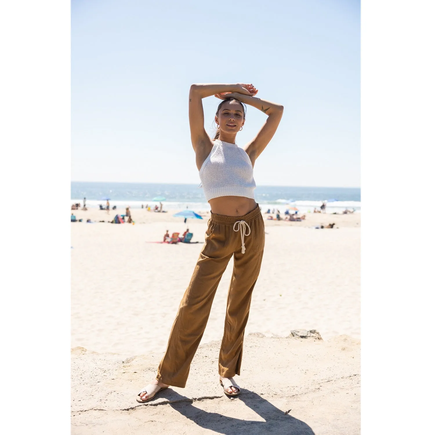 Linen Pants 32" Inseam Drawstring Smocked Waist Beach Pants - Mushroom