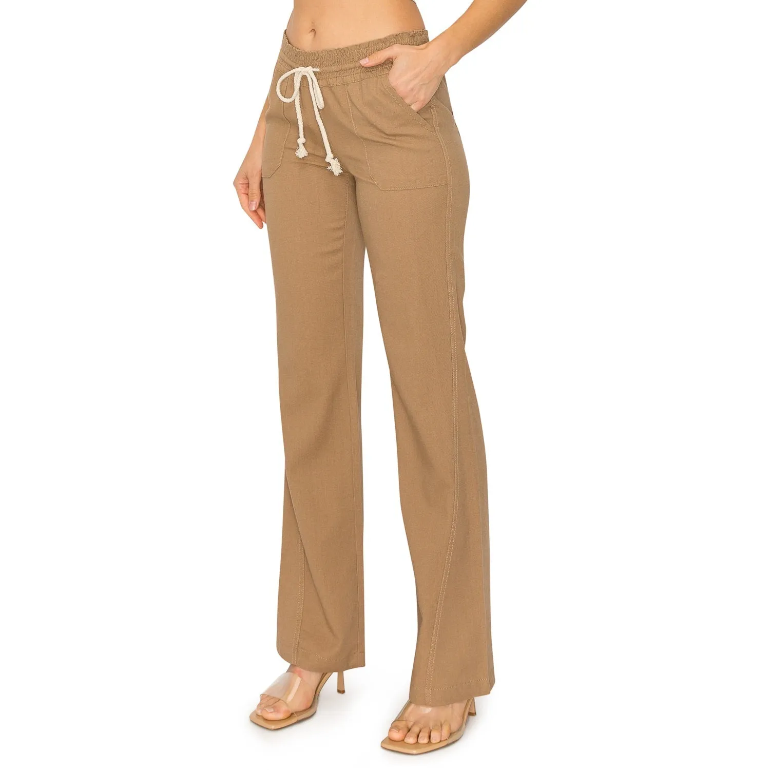 Linen Pants 32" Inseam Drawstring Smocked Waist Beach Pants - Mushroom