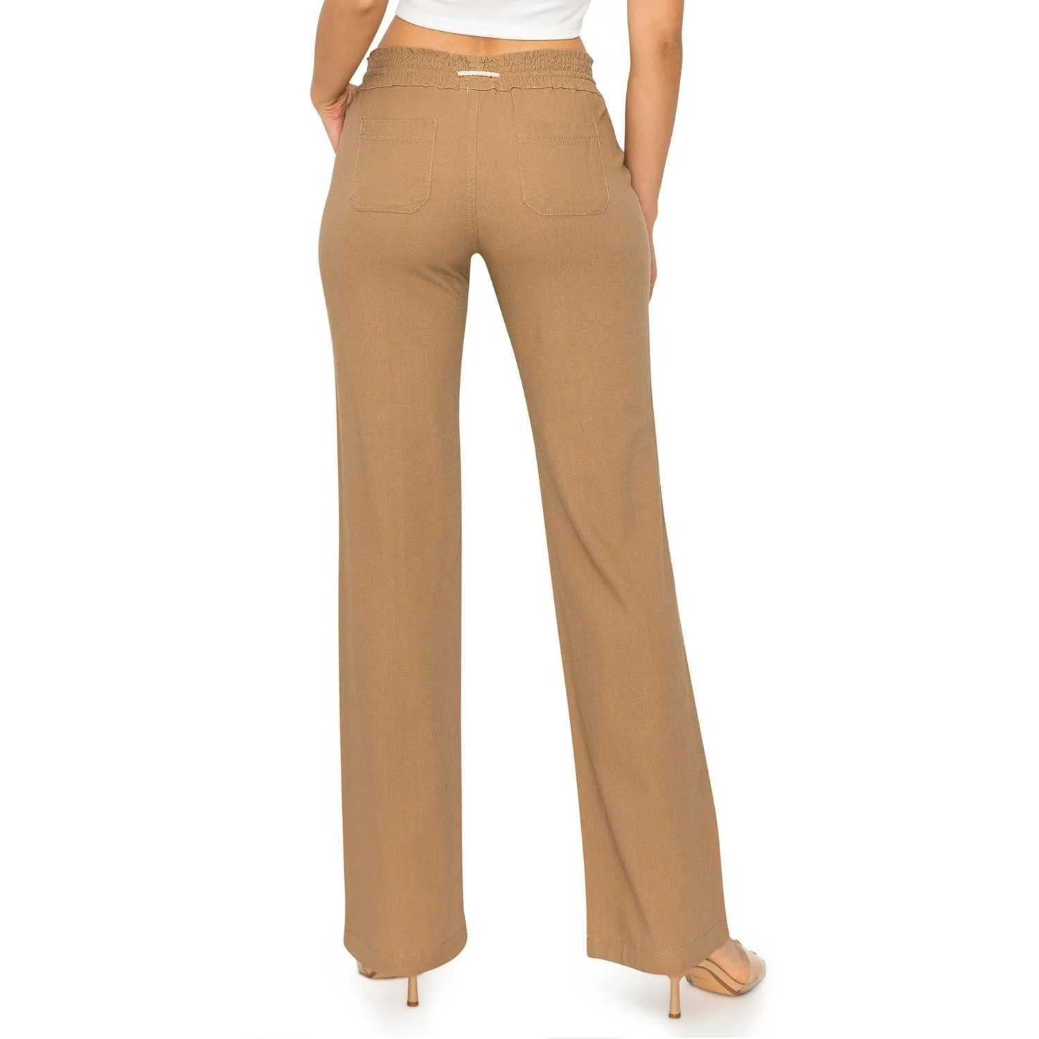 Linen Pants 32" Inseam Drawstring Smocked Waist Beach Pants - Mushroom