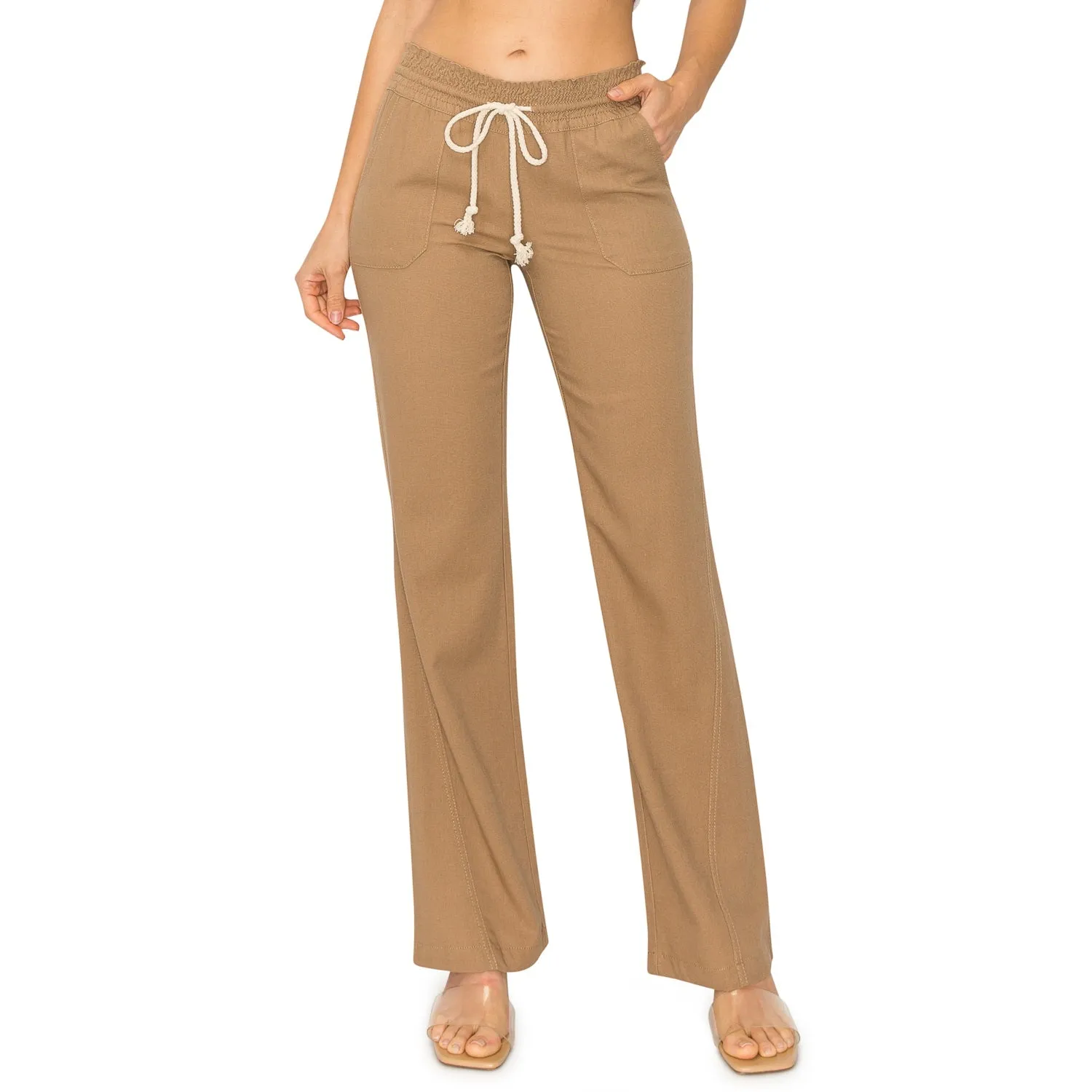 Linen Pants 32" Inseam Drawstring Smocked Waist Beach Pants - Mushroom