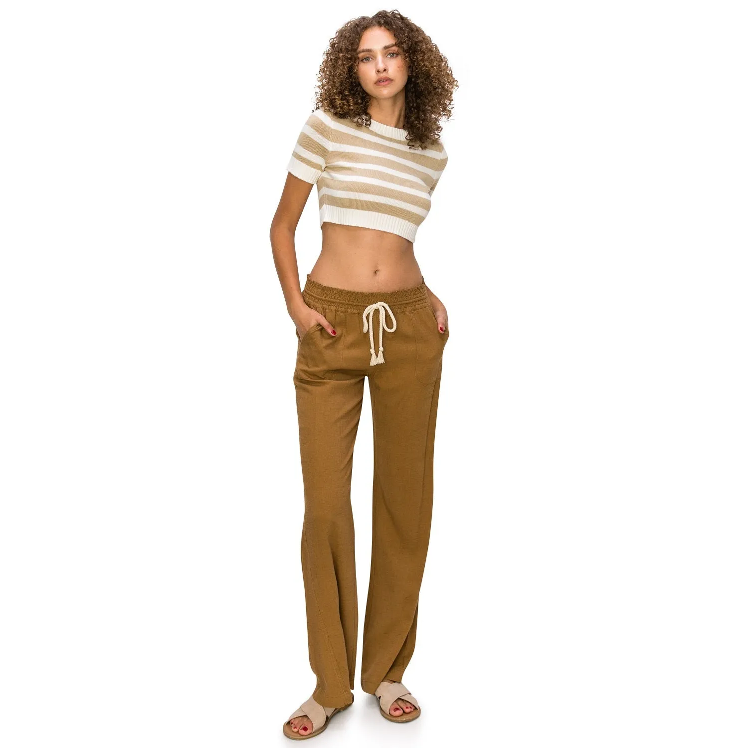 Linen Pants 32" Inseam Drawstring Smocked Waist Beach Pants - Mushroom