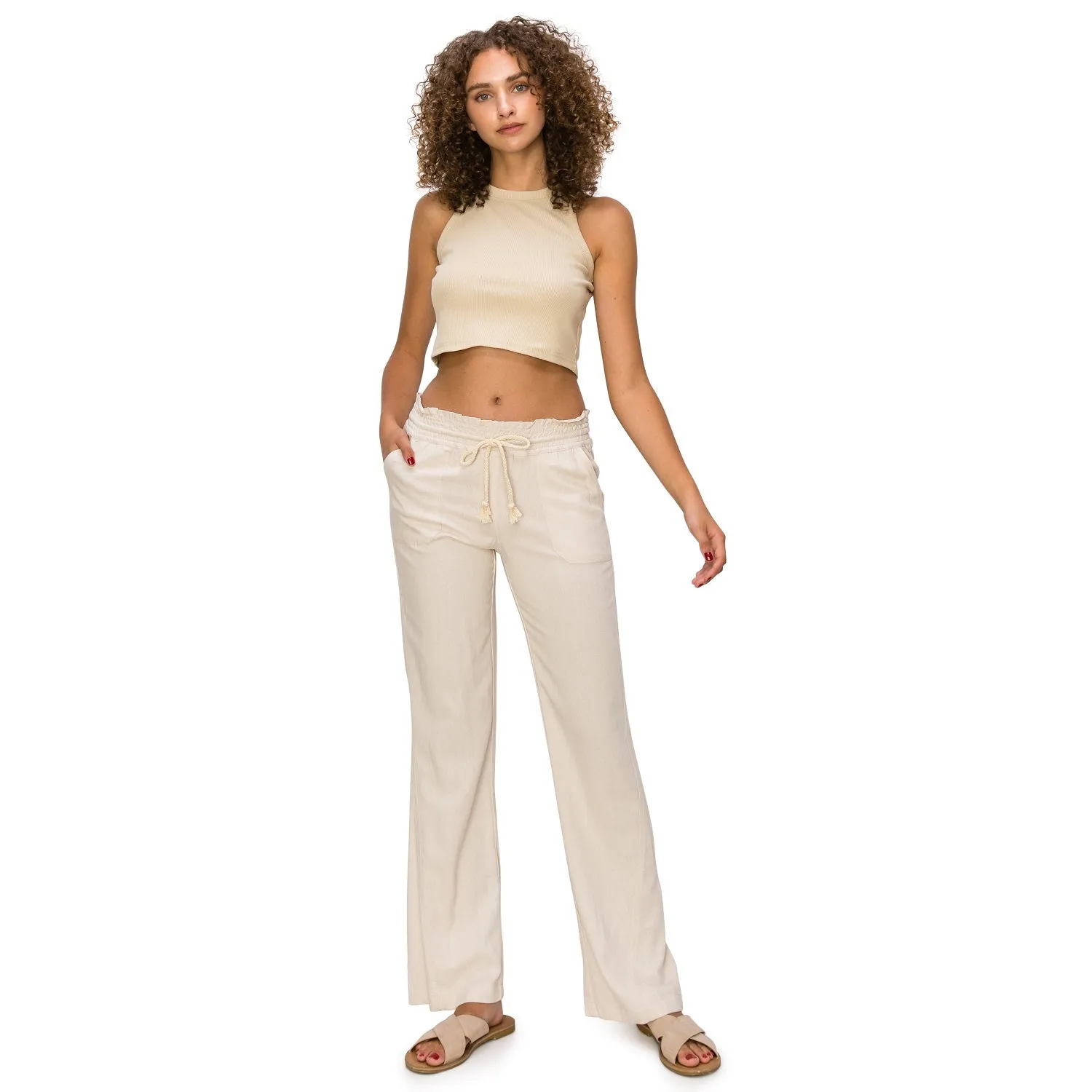 Linen Pants 32" Inseam Drawstring Smocked Waist Beach Pants - Sand