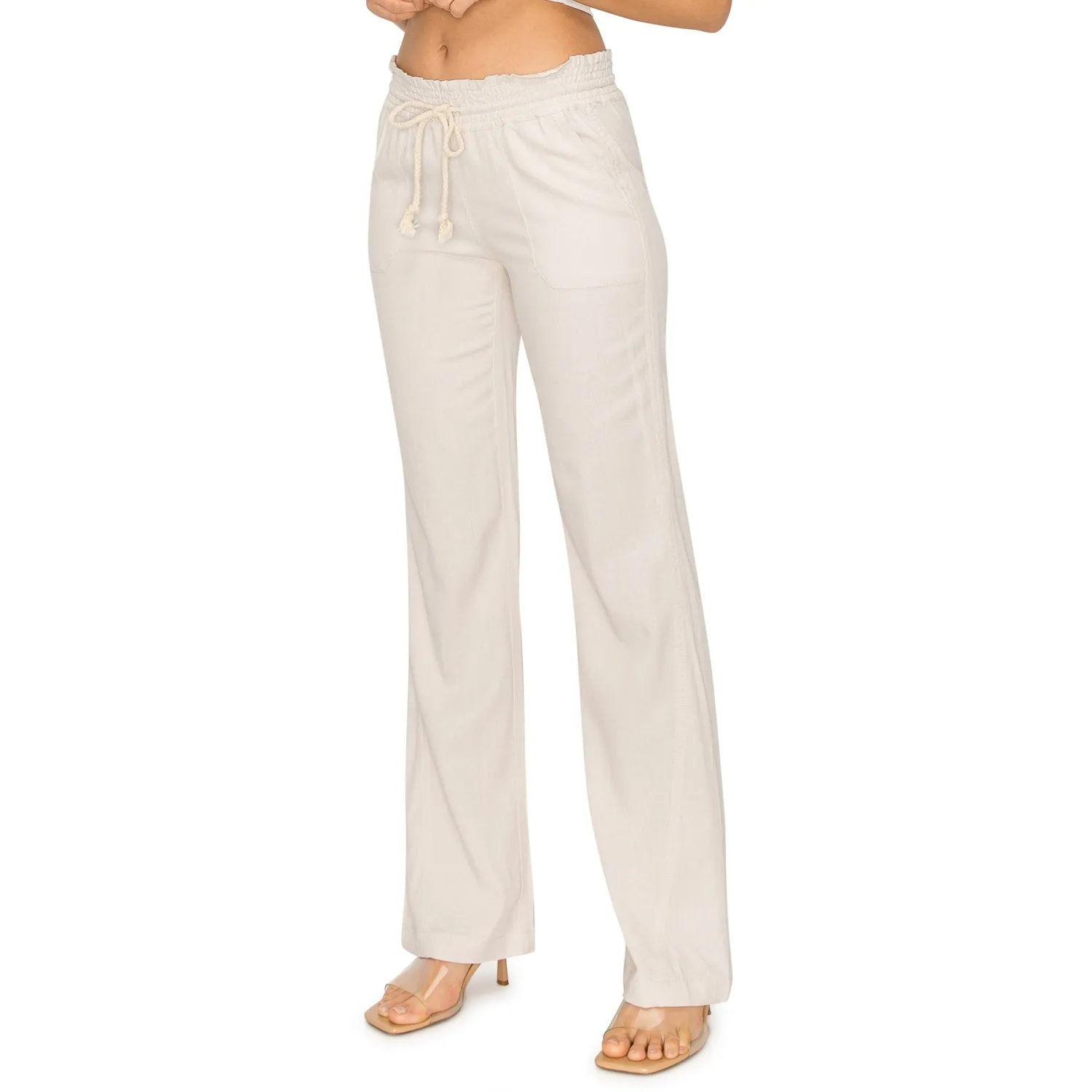 Linen Pants 32" Inseam Drawstring Smocked Waist Beach Pants - Sand