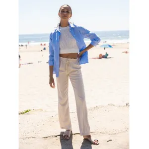 Linen Pants 32" Inseam Drawstring Smocked Waist Beach Pants - Sand