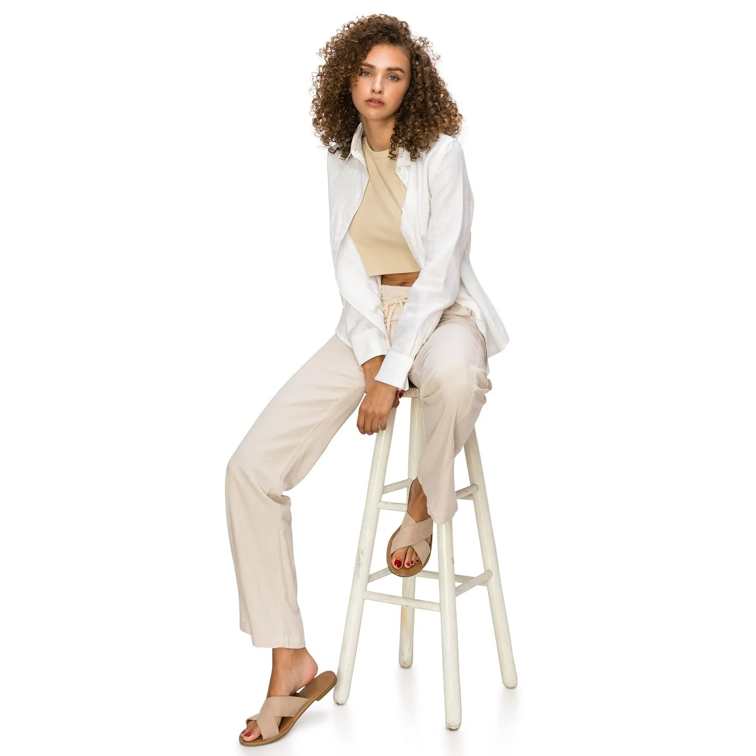 Linen Pants 32" Inseam Drawstring Smocked Waist Beach Pants - Sand