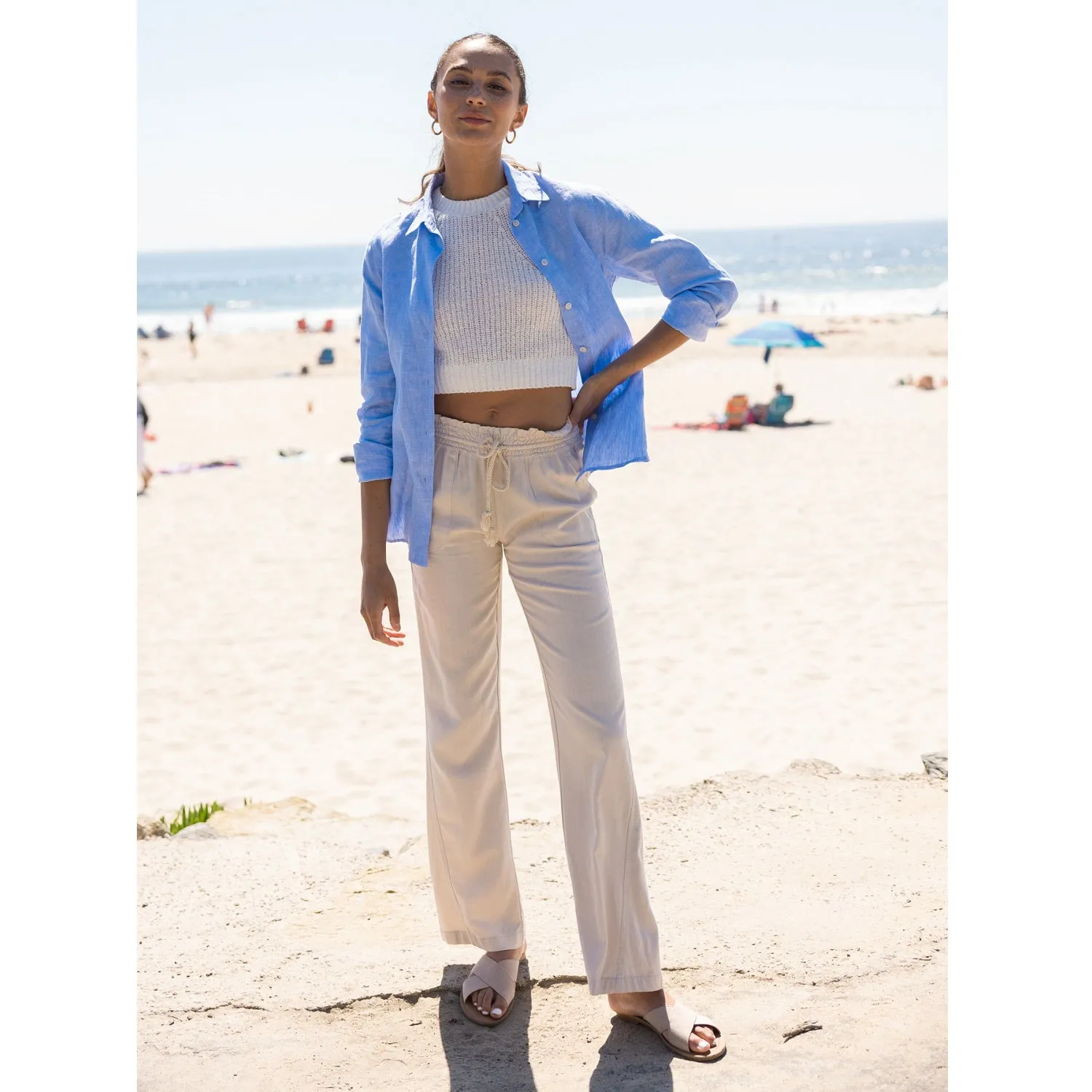 Linen Pants 32" Inseam Drawstring Smocked Waist Beach Pants - Sand