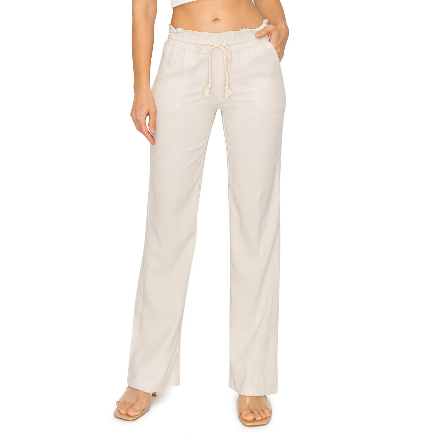 Linen Pants 32" Inseam Drawstring Smocked Waist Beach Pants - Sand