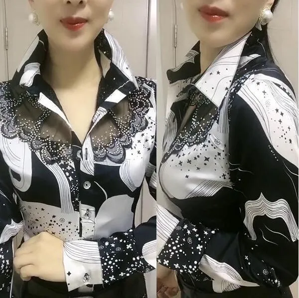 Long-sleeved styled Lace Stitching Ladies chiffon collar blouse with floral details