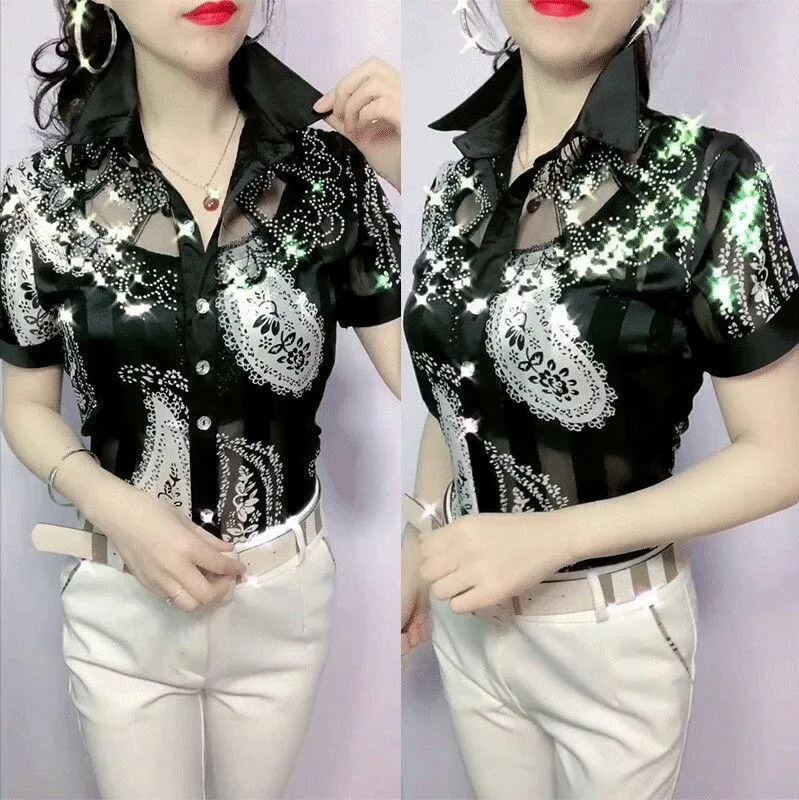 Long-sleeved styled Lace Stitching Ladies chiffon collar blouse with floral details