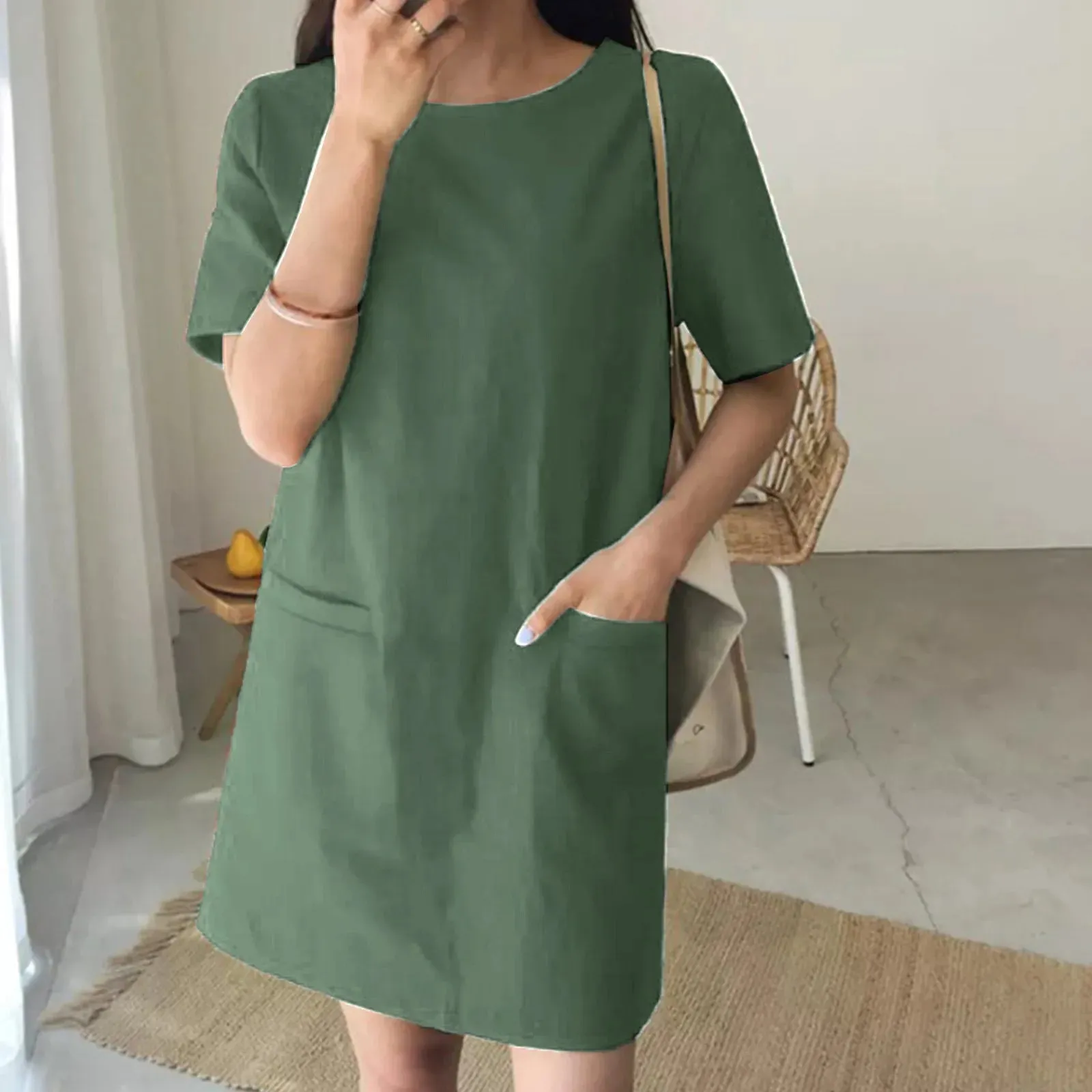 Loose Short Sleeve Oversize Solid Mini Cotton Linen Summer Casual Casual Dress