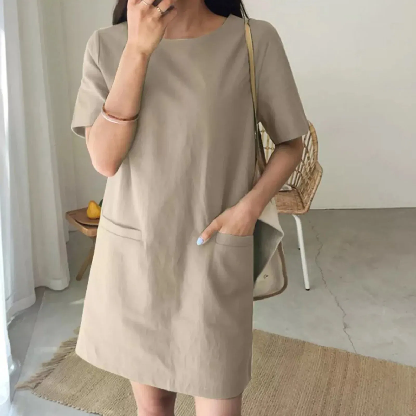 Loose Short Sleeve Oversize Solid Mini Cotton Linen Summer Casual Casual Dress