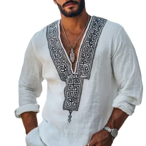 Men's Fashion Embroidery V Neck Long Sleeve Cotton And Linen Shirt 25124458Z