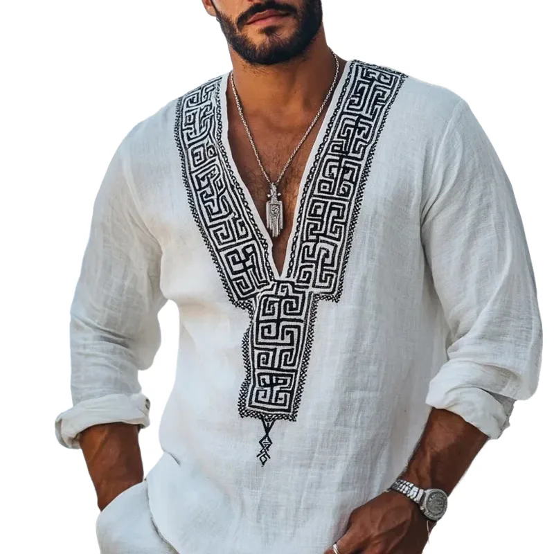 Men's Fashion Embroidery V Neck Long Sleeve Cotton And Linen Shirt 25124458Z