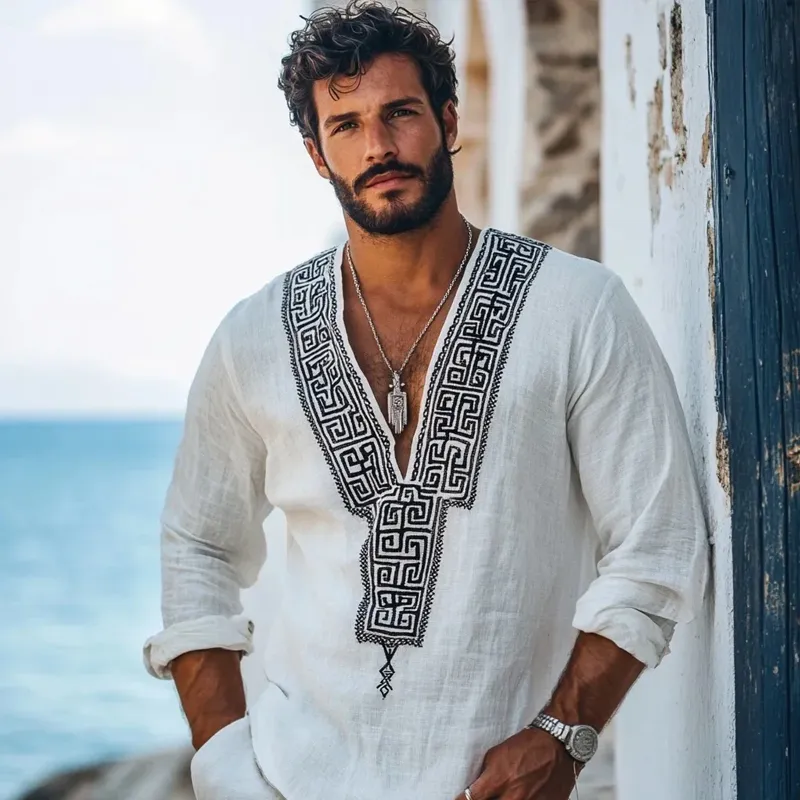 Men's Fashion Embroidery V Neck Long Sleeve Cotton And Linen Shirt 25124458Z