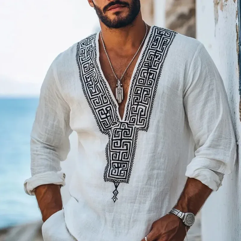 Men's Fashion Embroidery V Neck Long Sleeve Cotton And Linen Shirt 25124458Z