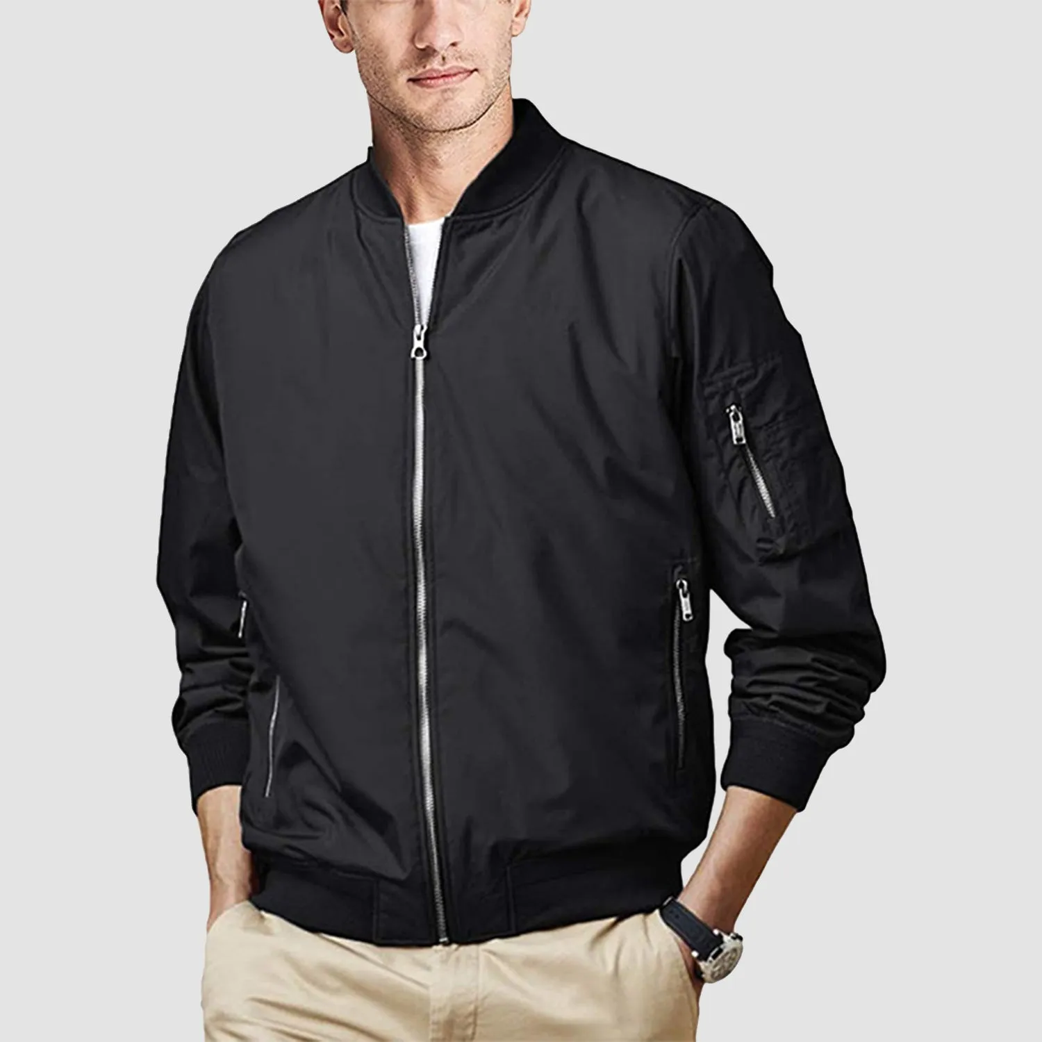 Men's Lightweight Zip-Up Bomber Jacket - Casual Spring Windbreaker