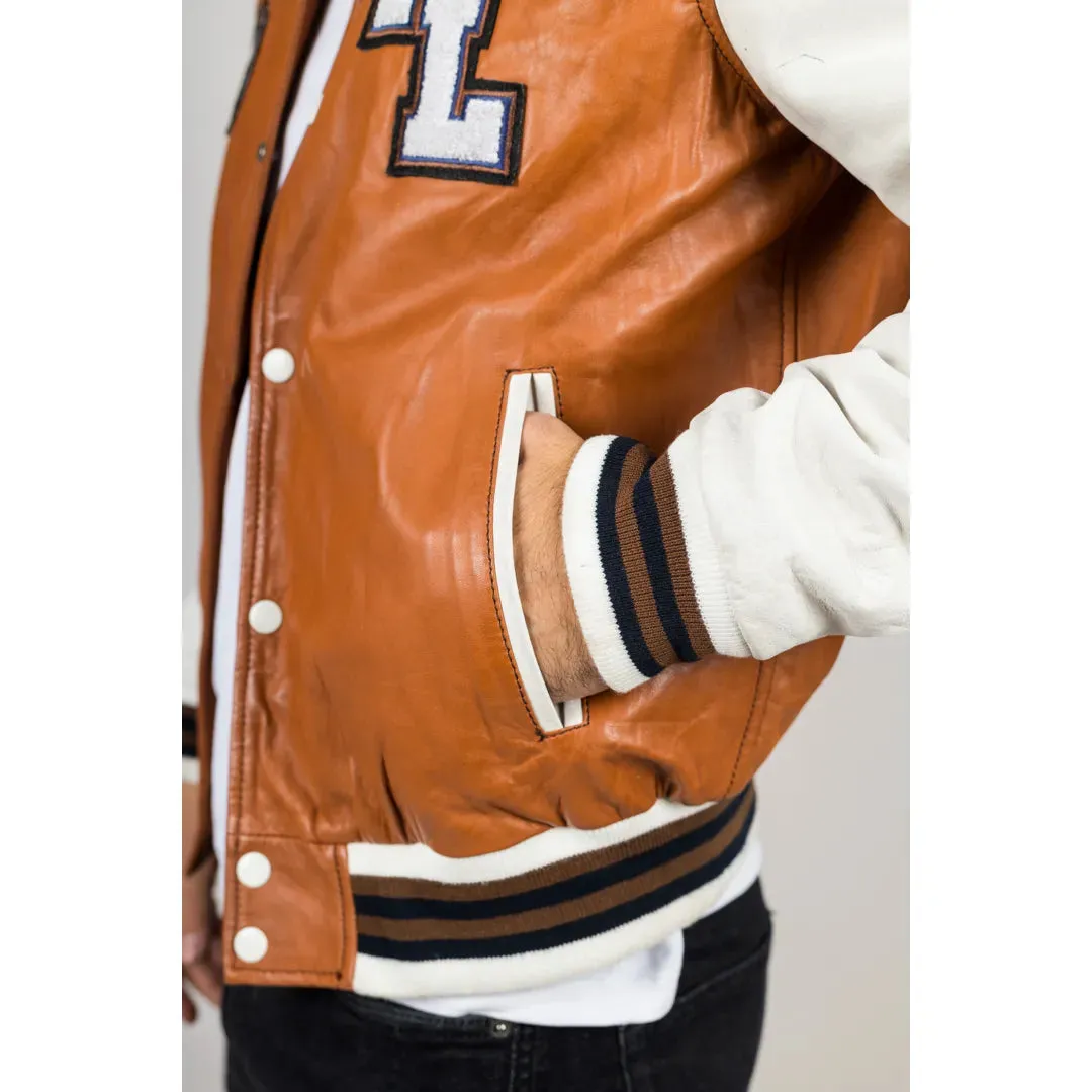 Men's Tan Brown Leather Letterman Bomber Jacket